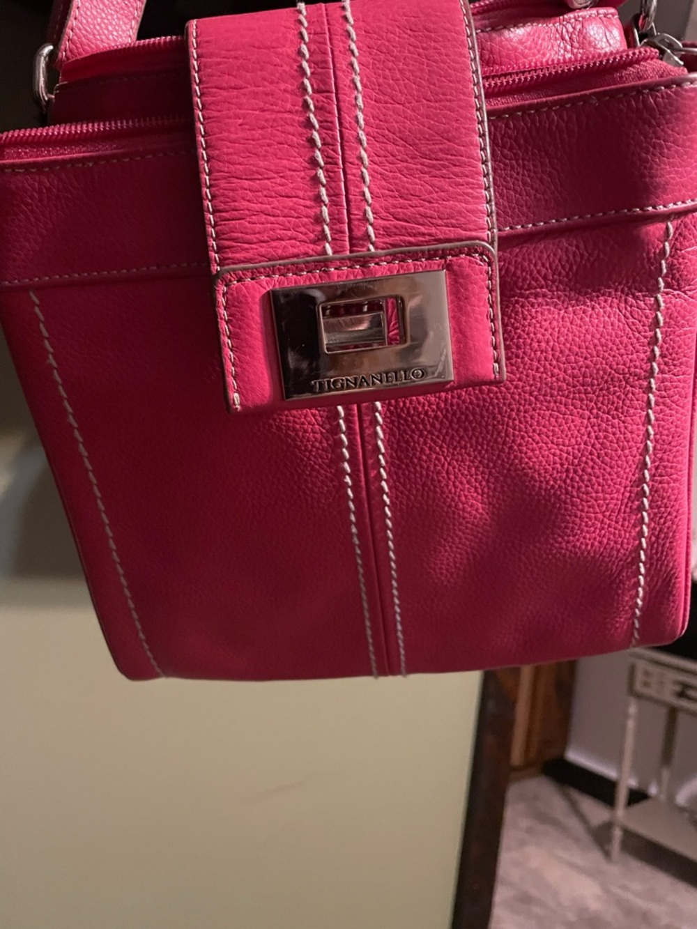 Tignanello Fuchsia Leather Crossbody with White Stitching
